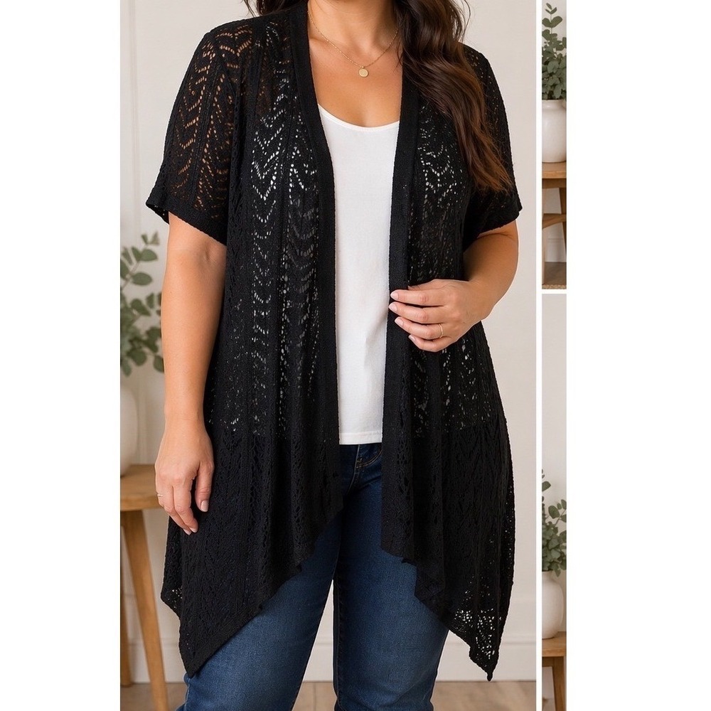 World Unity Black Pointelle Knit Cardigan XL Short Sleeve Open Front Chevron